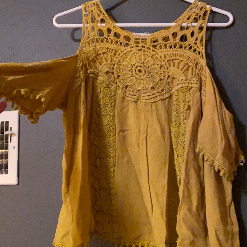 Mustard Top with Cold Shoulder Sleeves